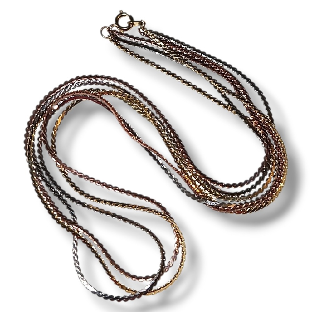 Vintage Tricolor Gold Silver Copper 3 Strand‎ Herringbone Chain Necklace 18"